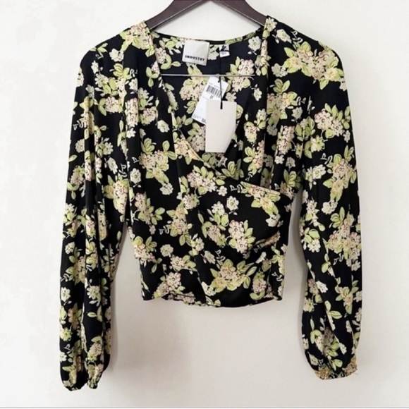 Industry Green Floral Print Wrap Front Blouse Satin Size Small NEW Smocked Waist - Picture 1 of 7